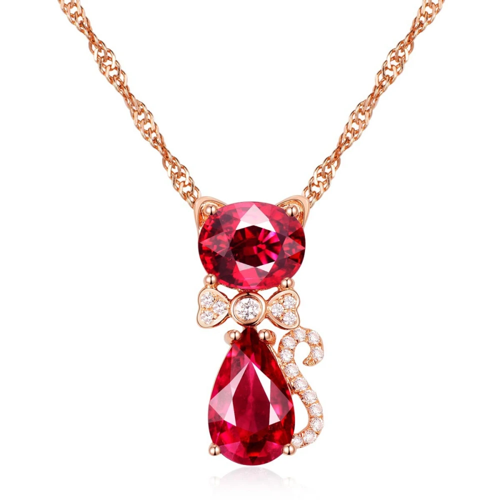 Cute Pet Kitten Rose Red Gem Color Treasure Pendant Female Clavicle Chain