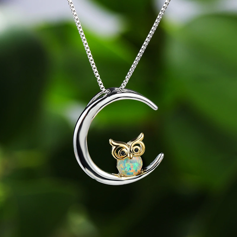 Simple And Cute Crescent Owl Opal Pendant