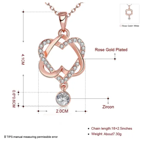 Fashion Platinum Heart Necklace Double Heart Winding Pendant Clavicle Chain