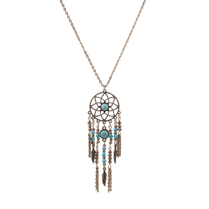 Ethnic Style Retro Tassel Feather Blue Turquoise Necklace Jewelry