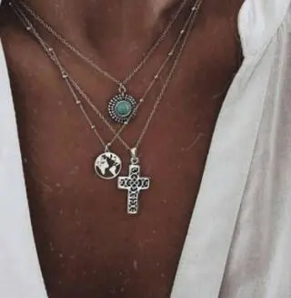 Personality Cross World Map Turquoise Combination Three-Layer Necklace