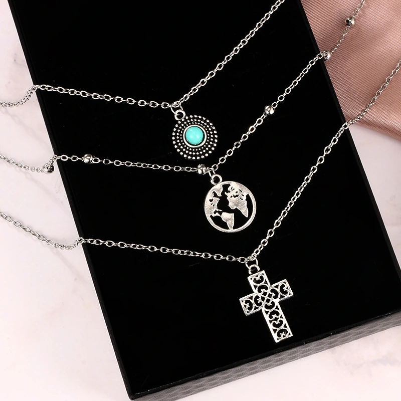 Personality Cross World Map Turquoise Combination Three-Layer Necklace