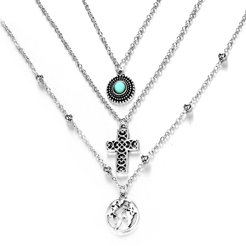Personality Cross World Map Turquoise Combination Three-Layer Necklace