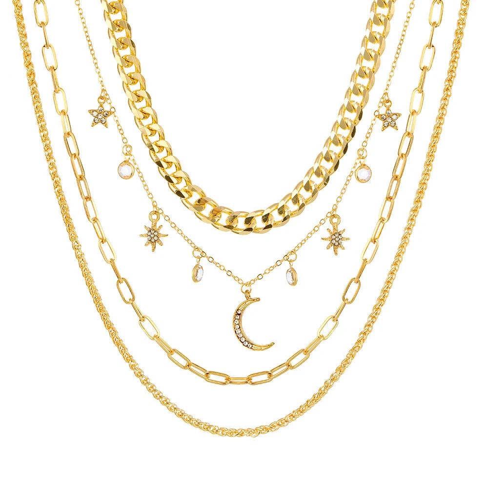 Korean Jewelry World Retro Moon Moon Star Crystal Multilayer Pendant Chain Necklace Cross-Border Exclusive Necklace