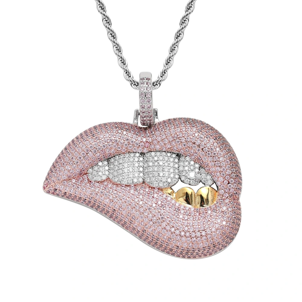 Sexy Lip Biting Hip Hop Pendant With Pink Zircon