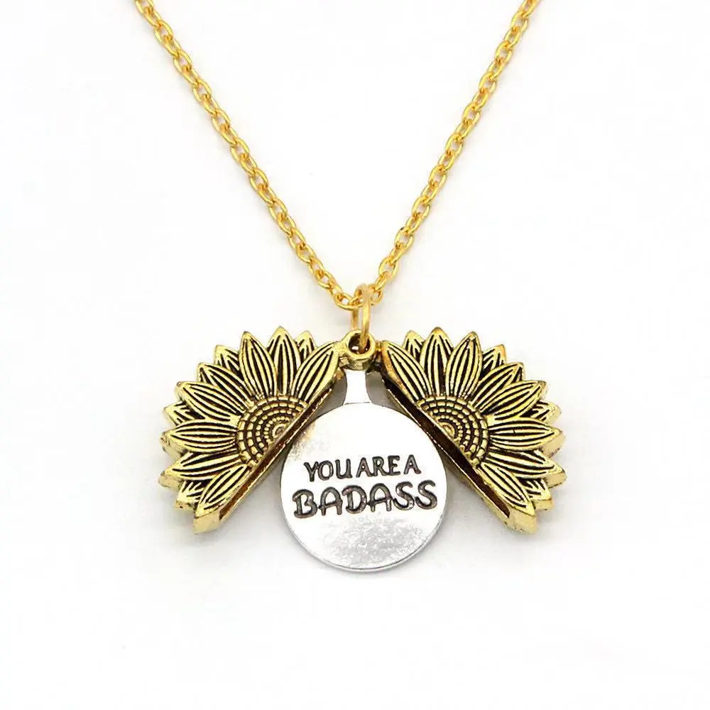 Alloy Necklace Can Be Opened With Double Engraving Stainless Steel Sun Flower Pendant