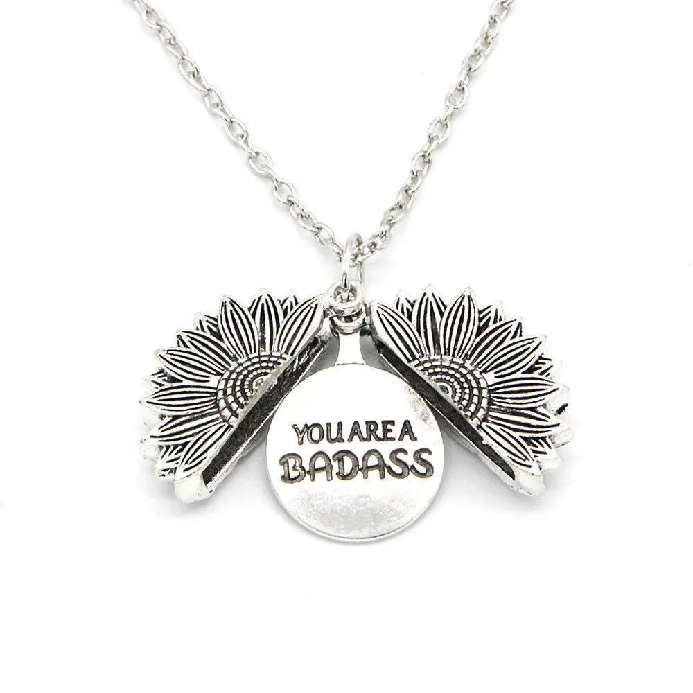 Alloy Necklace Can Be Opened With Double Engraving Stainless Steel Sun Flower Pendant