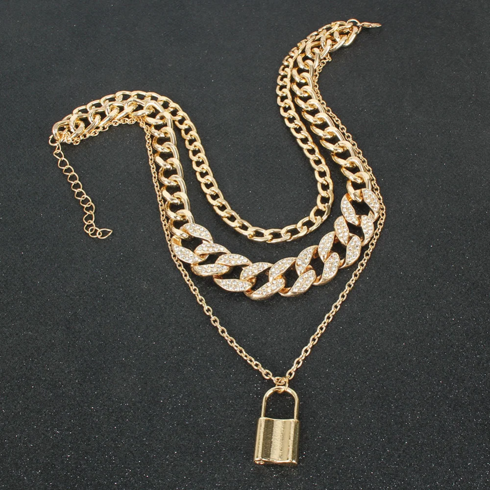 European And American Creative Alloy Lock Pendant Micro Diamond Multilayer Necklace