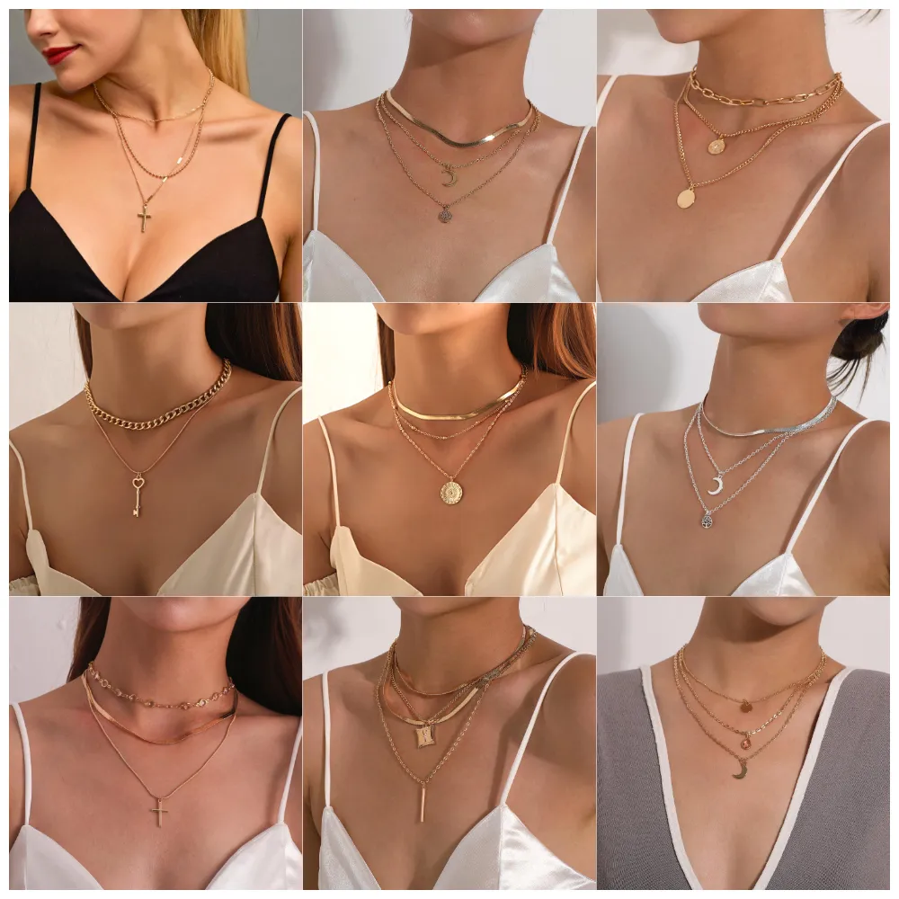 Vintage Bohemia Gold Coin letter Layered Chain Necklace For Women Shell Pearl Moon Long