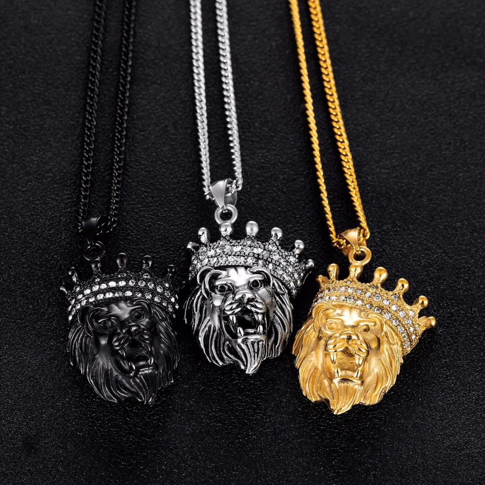 Hip Hop Trendy Men's Necklace With Diamonds for Men, Crown Lion Head Titanium Steel Pendant