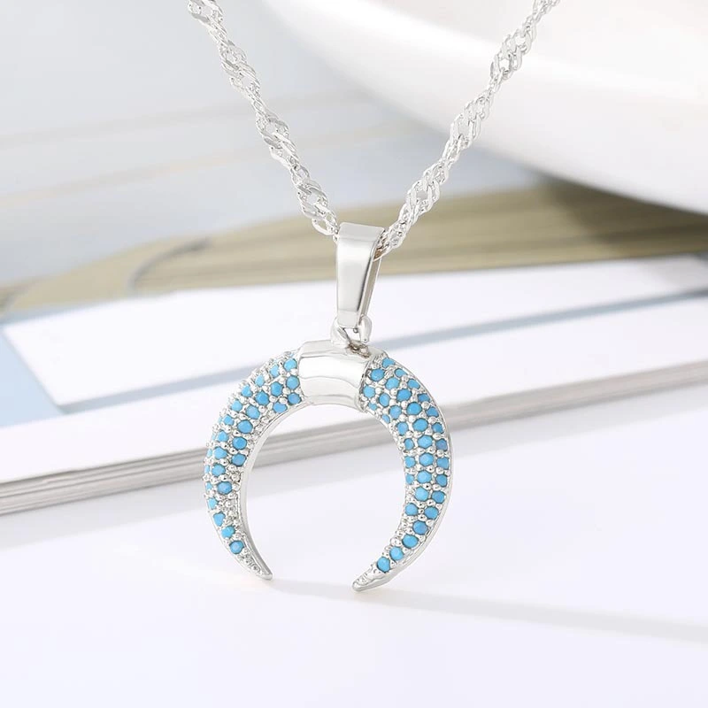 Crescent Copper Zircon Pendant Necklace Gold Blue Stainless Steel Chain