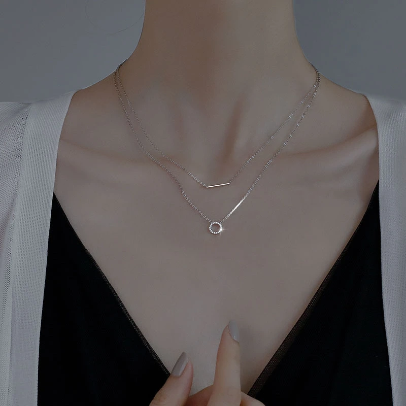 Double-Layer Ring Horizontal Long Zircon Double-Layer Clavicle Chain