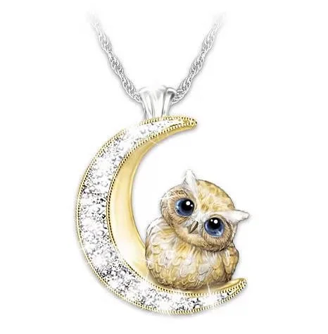 Micro Diamond Moon Pet Owl Necklace