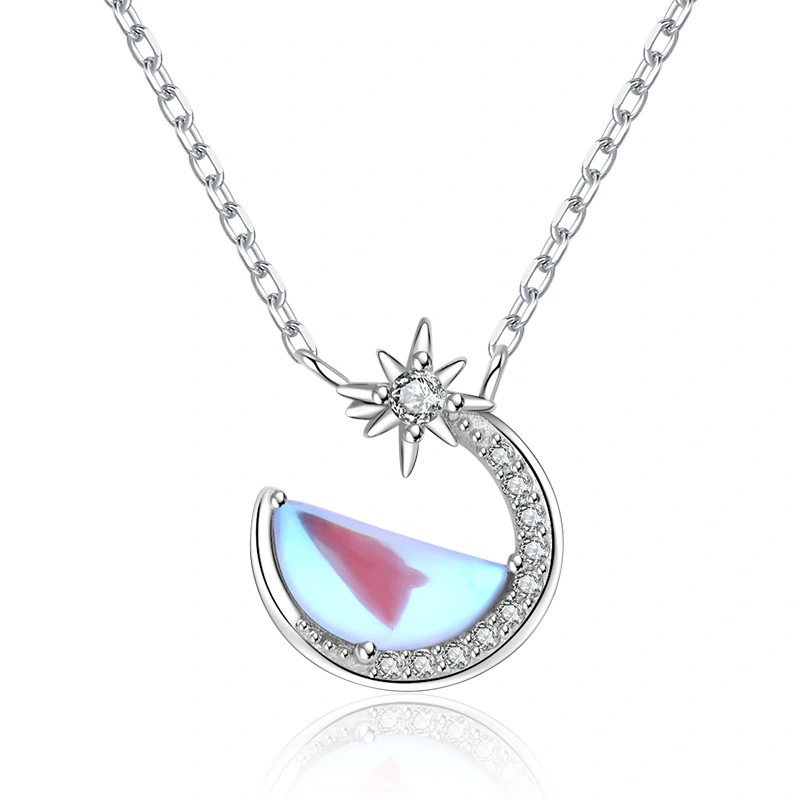 Moonstone Sterling Silver Necklace Women Fashion Design Clavicle Chain Moon Pendant Necklace