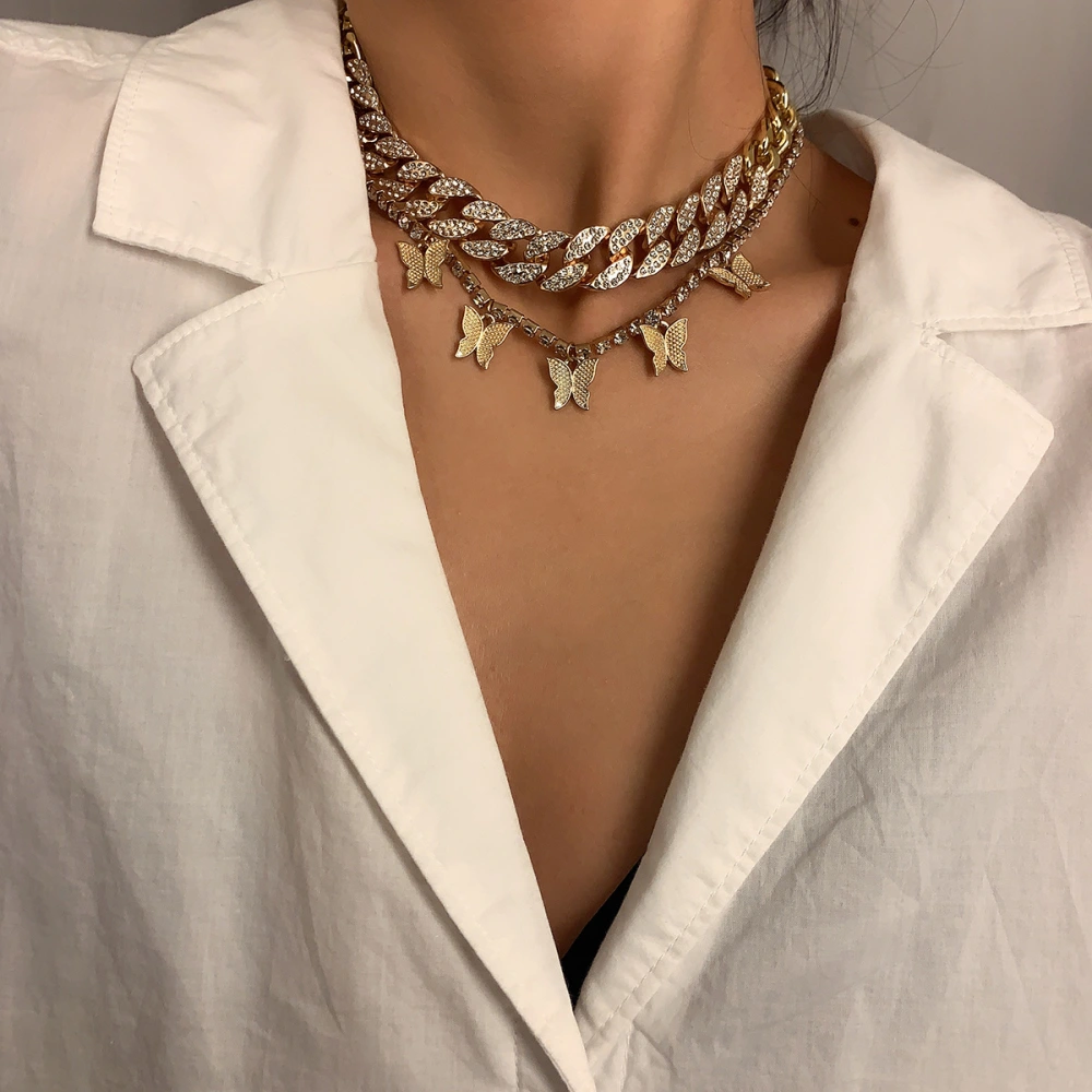 European And American Cross-Border Alloy Jewelry Fashion Simple Diamond-Studded Clavicle Necklace Retro Wild Multi-Layer Butterfly Necklace Female