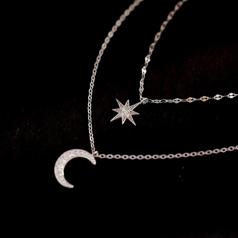 Sterling Silver Star And Moon Double Necklace Female Niche Design Temperament