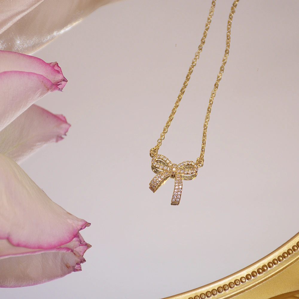 NecklaceFashion Real Gold Short Bow Zircon Necklace