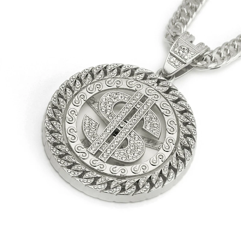 Exaggerated European and American Hip Hop Diamond Dollar Pendant Necklace