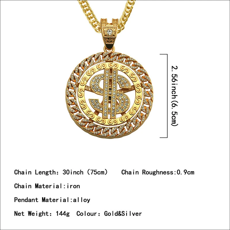 Exaggerated European and American Hip Hop Diamond Dollar Pendant Necklace