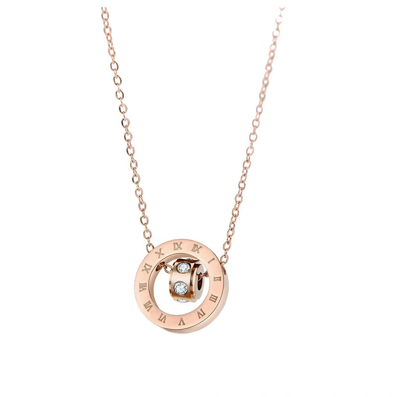 Simple Double Ring Roman Diamond Transfer Beads Rose Gold Short Clavicle Necklace For Women