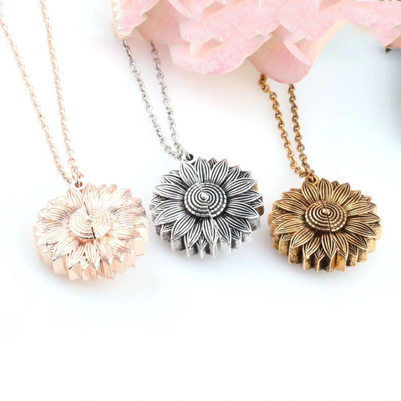 Cross-Border European And American Flower-Shaped Necklace Alloy Flower Sunflower Double-Layer Lettering Necklace Can Open The Clavicle Chain K1281