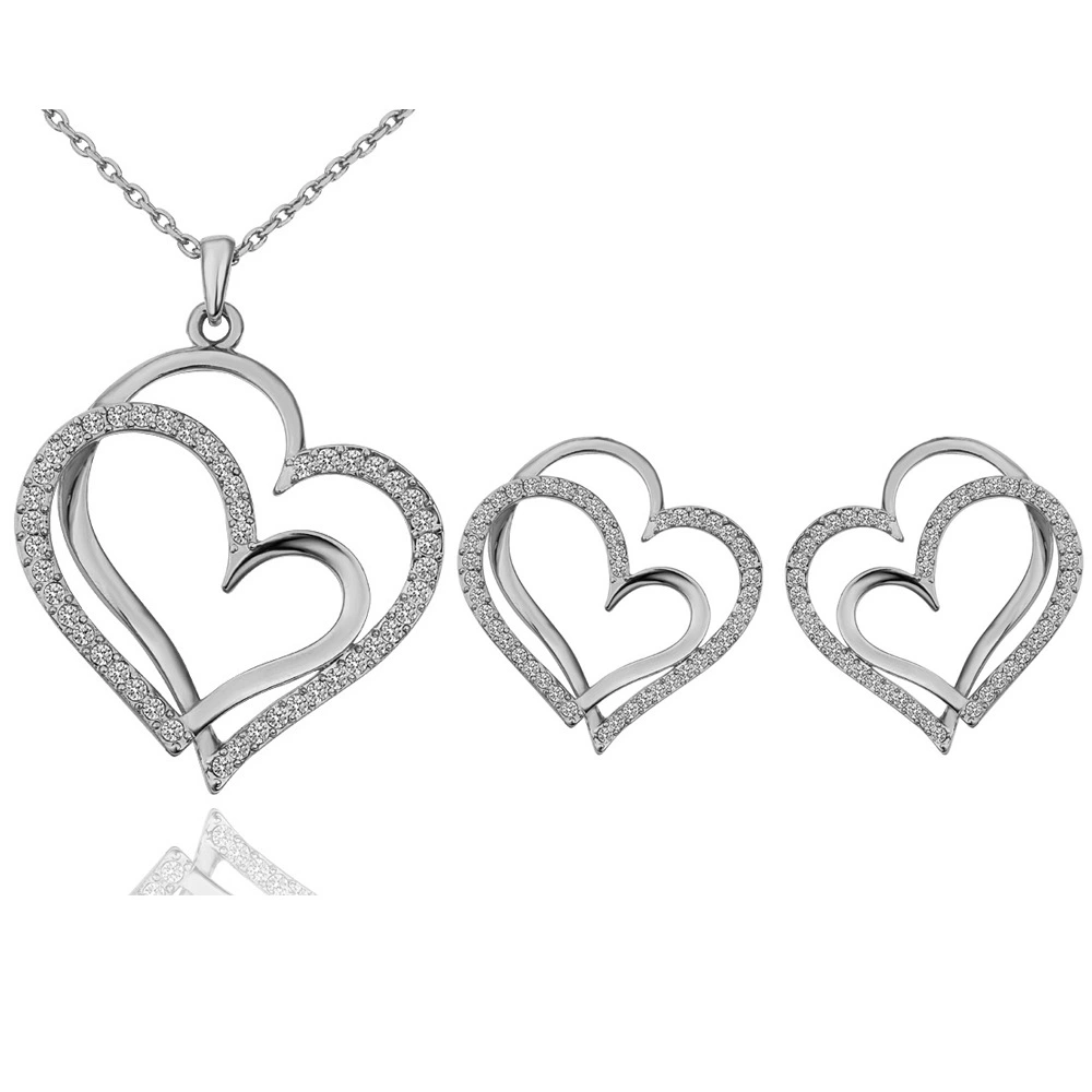 Fashion Double Heart Jewelry Korean New Style Necklace and Earrings Two-piece Set Diamond Jewelry Wholesale