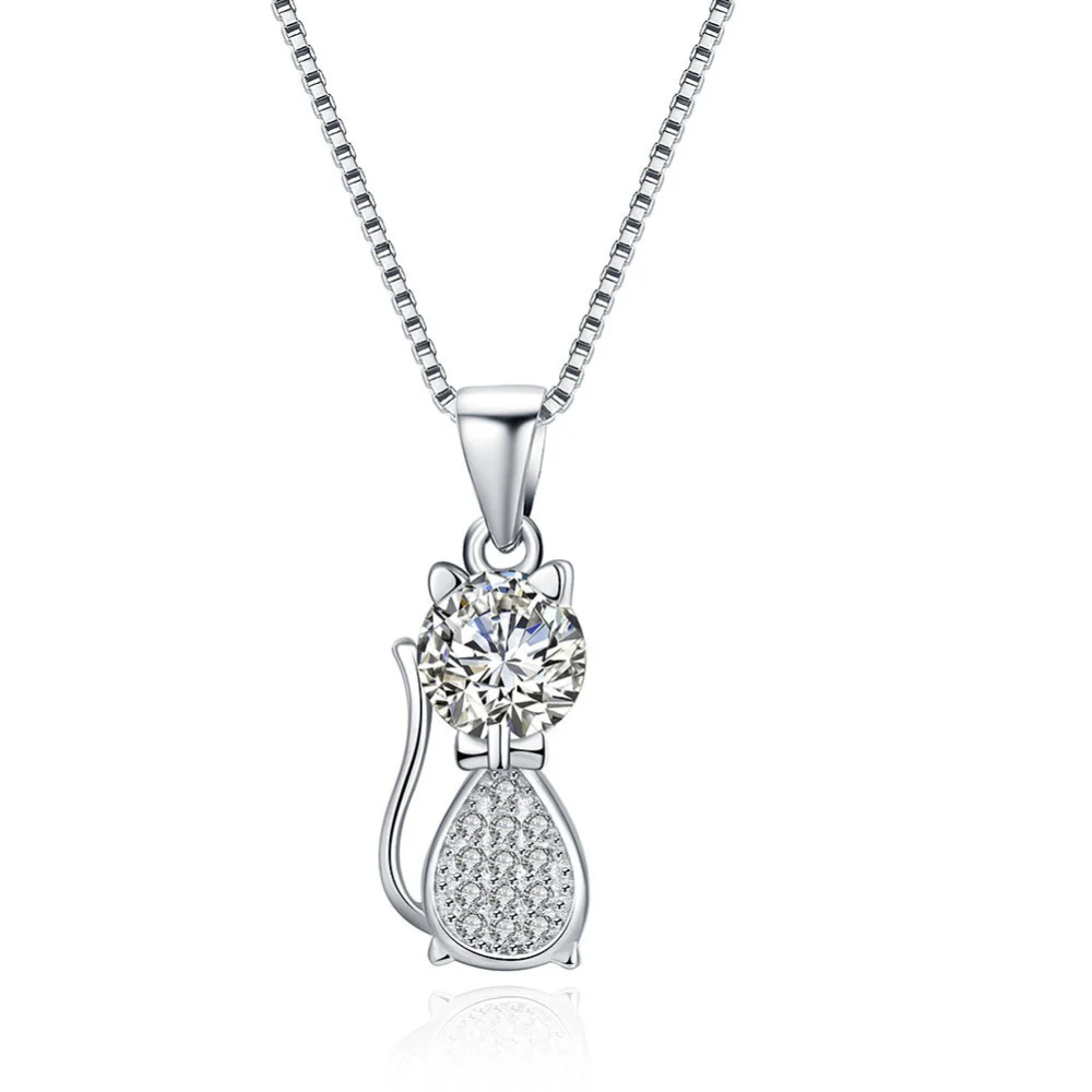 Personality Cute Little Cat Set Diamond 925 Sterling Silver Collarbone Chain