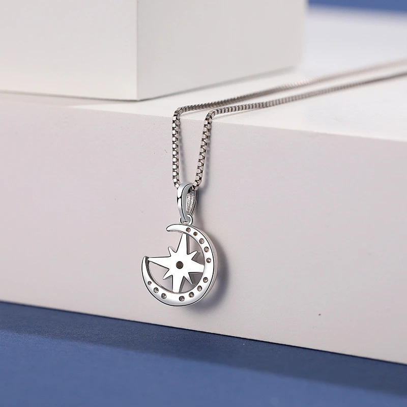 S925 Sterling Silver Jewelry Star And Moon Necklace Female Pendant