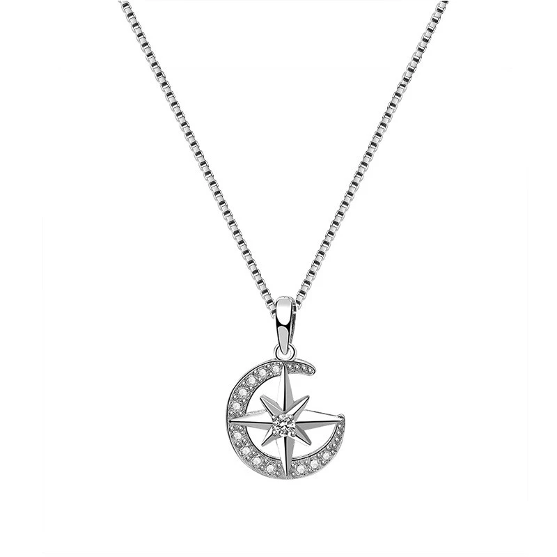 S925 Sterling Silver Jewelry Star And Moon Necklace Female Pendant