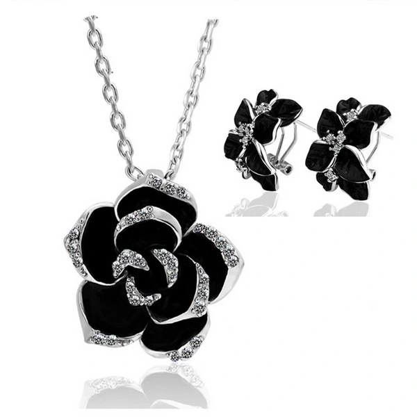 Beautiful Black Rose Camellia Earrings And Necklace Two Piece Set