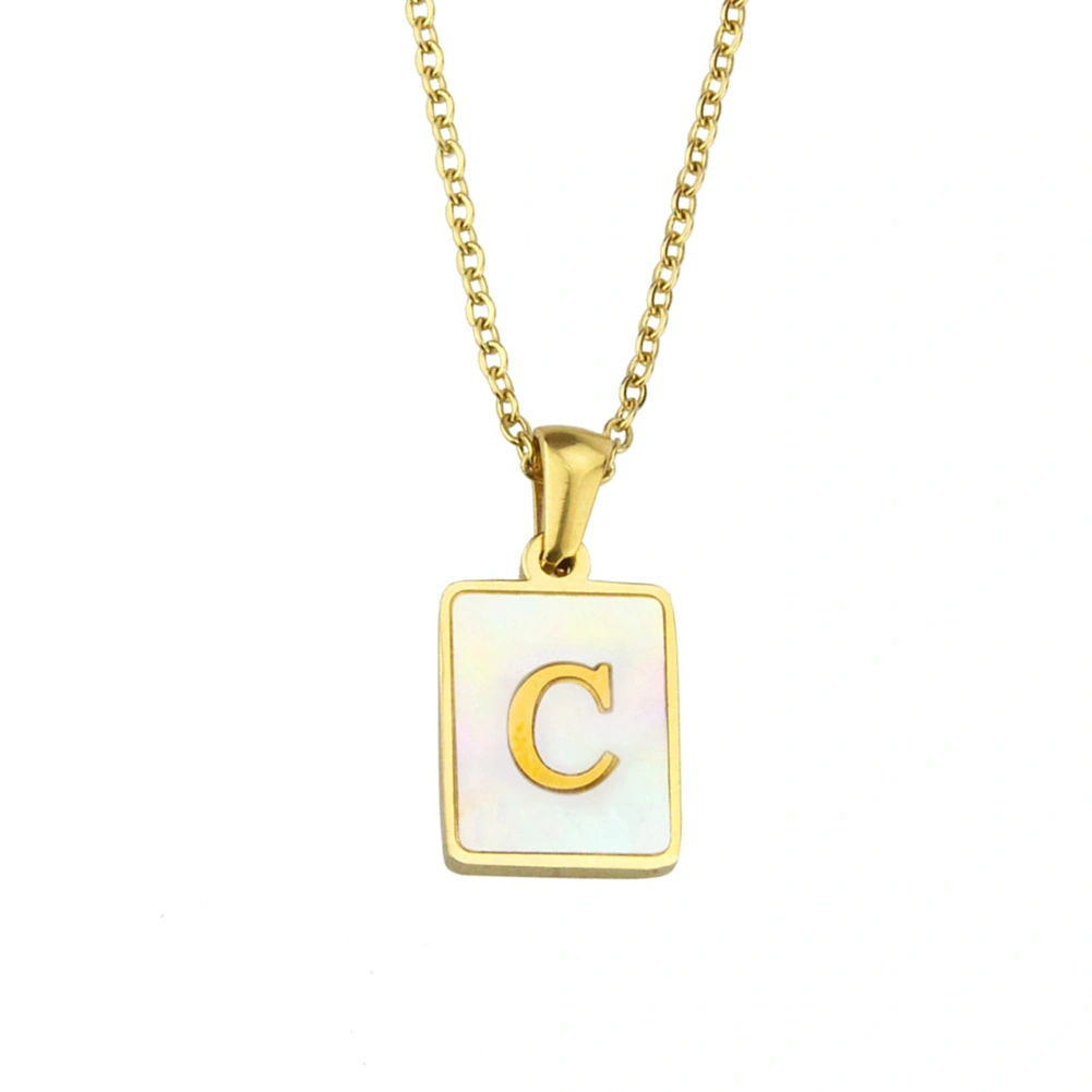 Amazon Popular Stainless Steel Square Shell 26 Letter Necklace Simple Fashion English Titanium Steel Pendant Necklace