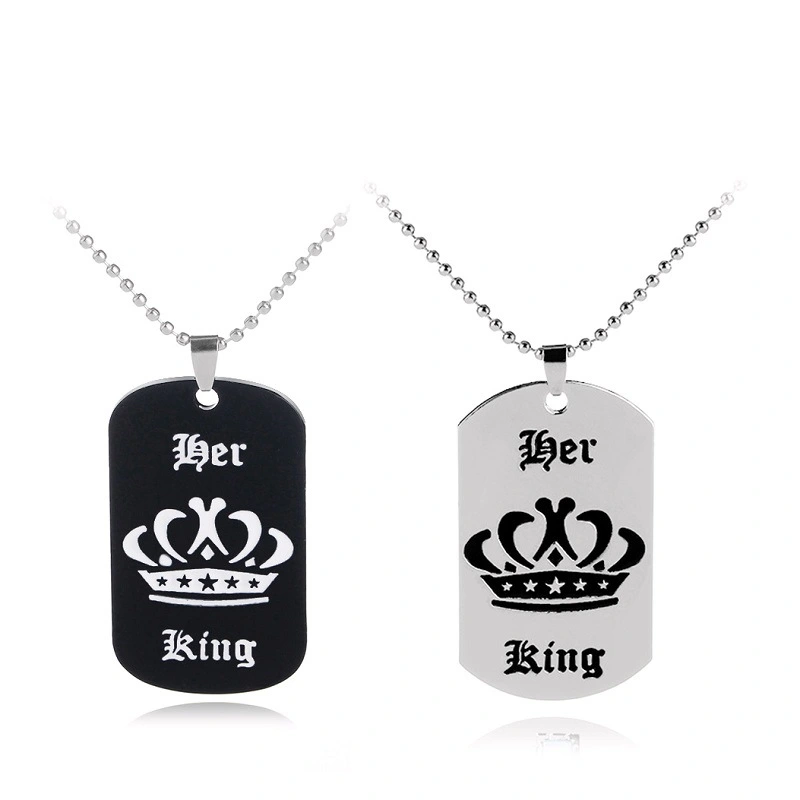 Crown Stainless Steel Couple Lettering Square Necklace