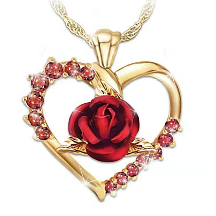 Rose Flower Necklace And Earrings Set European And American Fashion Ladies Gold-Plated Zircon Jewelry