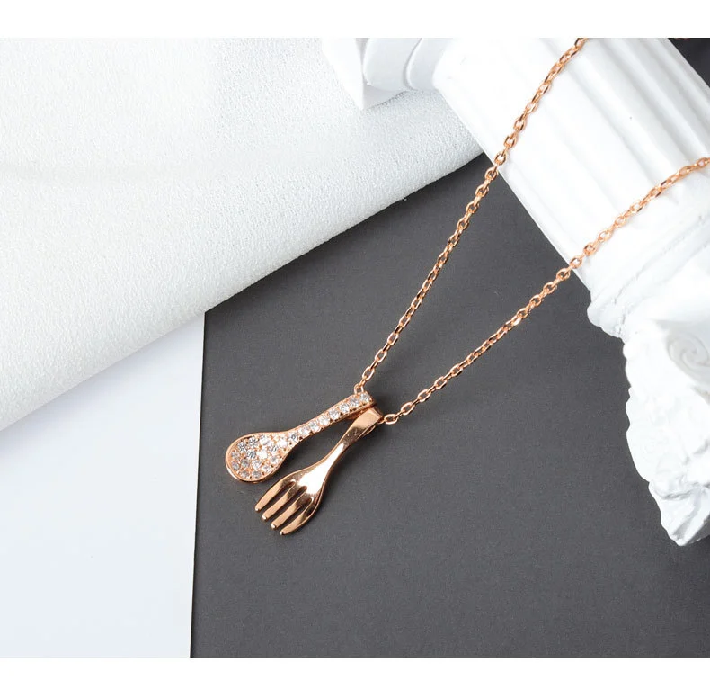 Necklace With Diamonds, Spoon And Fork, Children'S Fashion, Simple And Versatile, Slim Clavicle Chain