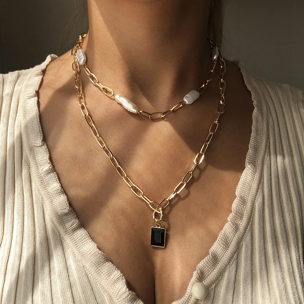 European And American New Style Bamboo Chain Necklace Female Personality Punk Hip Hop Pendant Multi-Layer Pearl Clavicle Chain Hot Sale