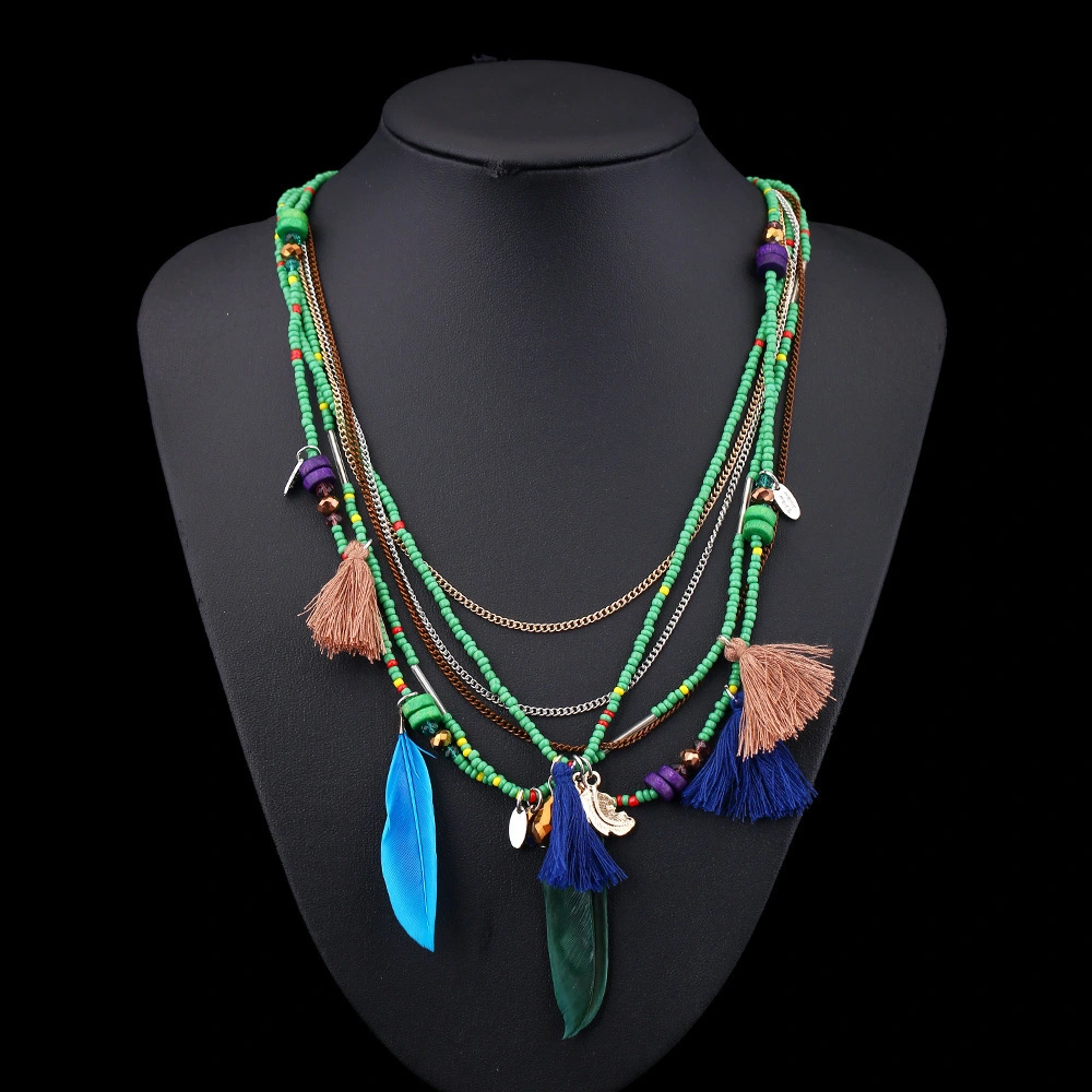 Europe And The United States All-Match Beaded Feather Necklace Mix And Match Colorful Rice Bead Necklace