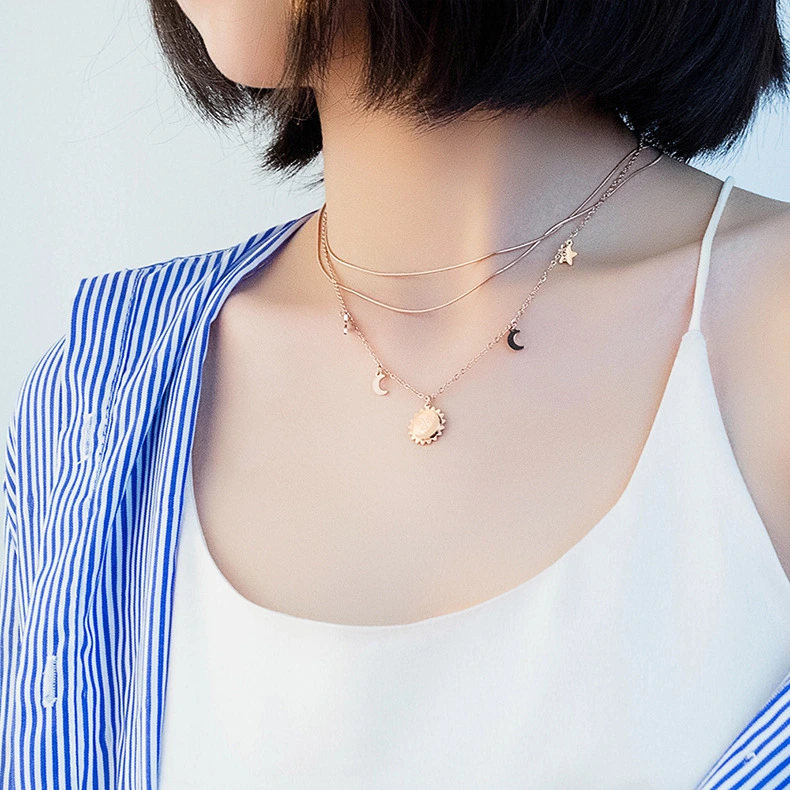 Star And Moon Set, Star And Moon Two-in-One Rose Gold Plated Clavicle Chain