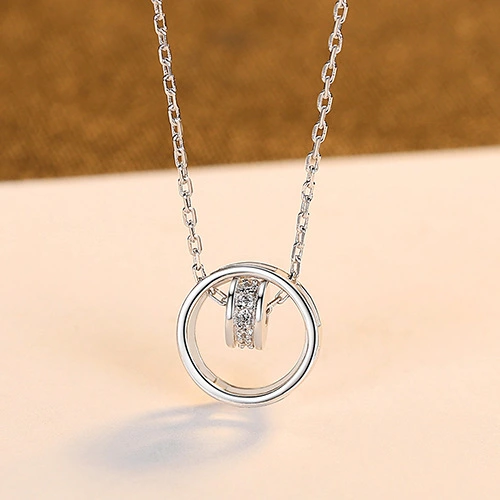 Sterling Silver Pendant Necklace Women'S Korean Suya Micro Inlaid Zircon Double Ring Necklace