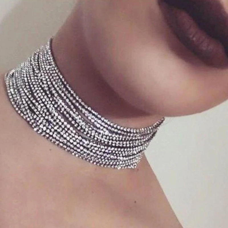 Multi Layer Rhinestone Neck Chain Short Collar Necklace