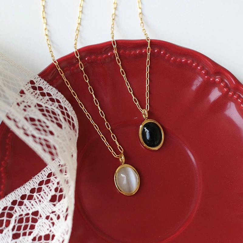 Black And White Opal Velour Sheen Oval Vintage Necklace With Collarbone Chain