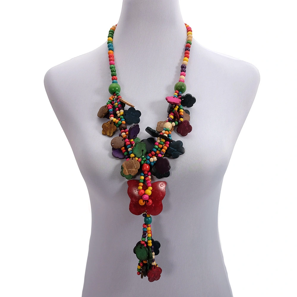 Floral Multi-Layer Colorful Coconut Shell Wood Bead Vintage Necklace