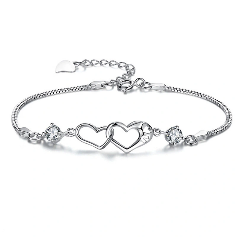 Sterling Silver Double Heart Bracelet Simple Student Female