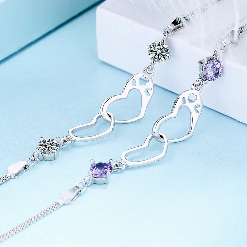 Sterling Silver Double Heart Bracelet Simple Student Female