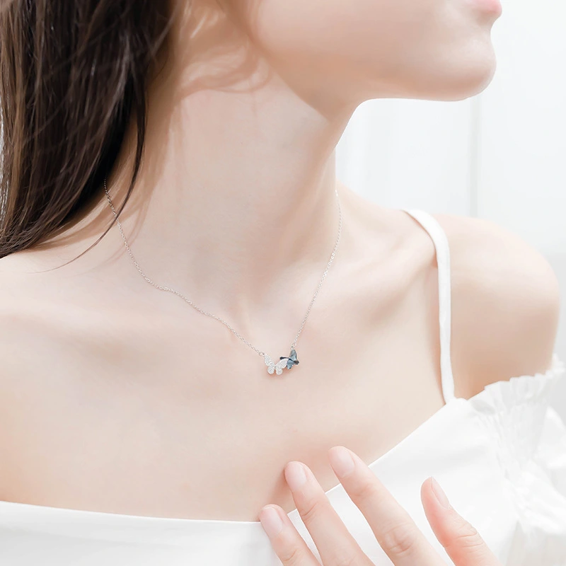 S925 Sterling Silver Butterfly Necklace Simple Fashion Pendant Austrian Crystal Clavicle Chain Female