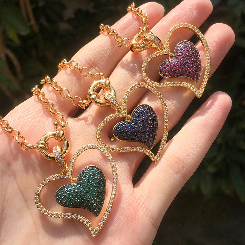 Necklace Female Creative Fashion Color Zirconium Hollow Love Heart Pendant Sexy Heart-Shaped Necklace Pendant Wholesale