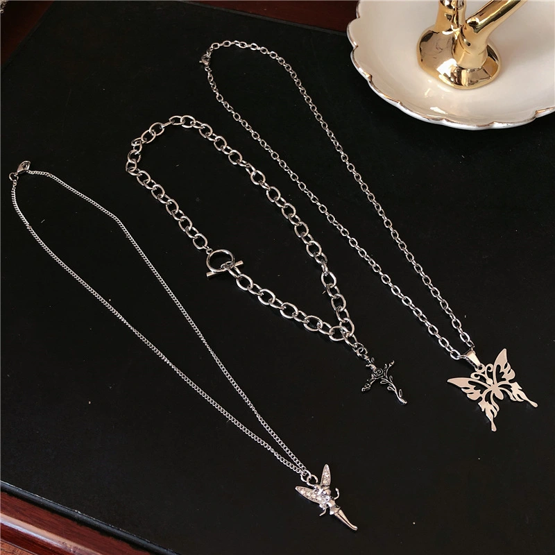 European And American Ins Harajuku Style Net Celebrity Bungee Multi-Layered Angel Rose Butterfly Necklace Tide Cool Hip-Hop Necklace