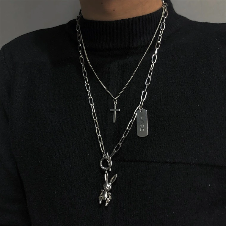 Ins Multi-Layer Hip-Hop Female Fashion Cross Necklace Hope Movable Rabbit Necklace Personality Pendant Men And Women Trend