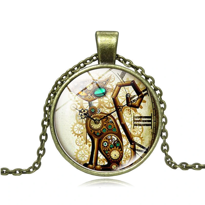 Steampunk Cat Time Gemstone Necklace