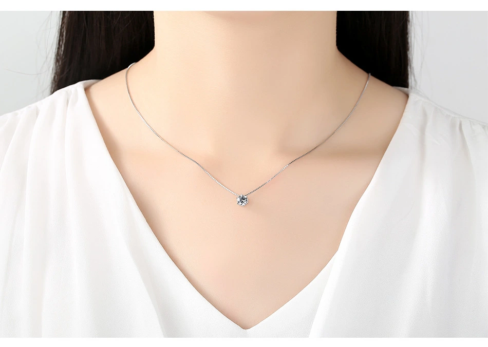 S925 Sterling Silver Necklace Ladies Six Prong Pendant With Chain Clavicle