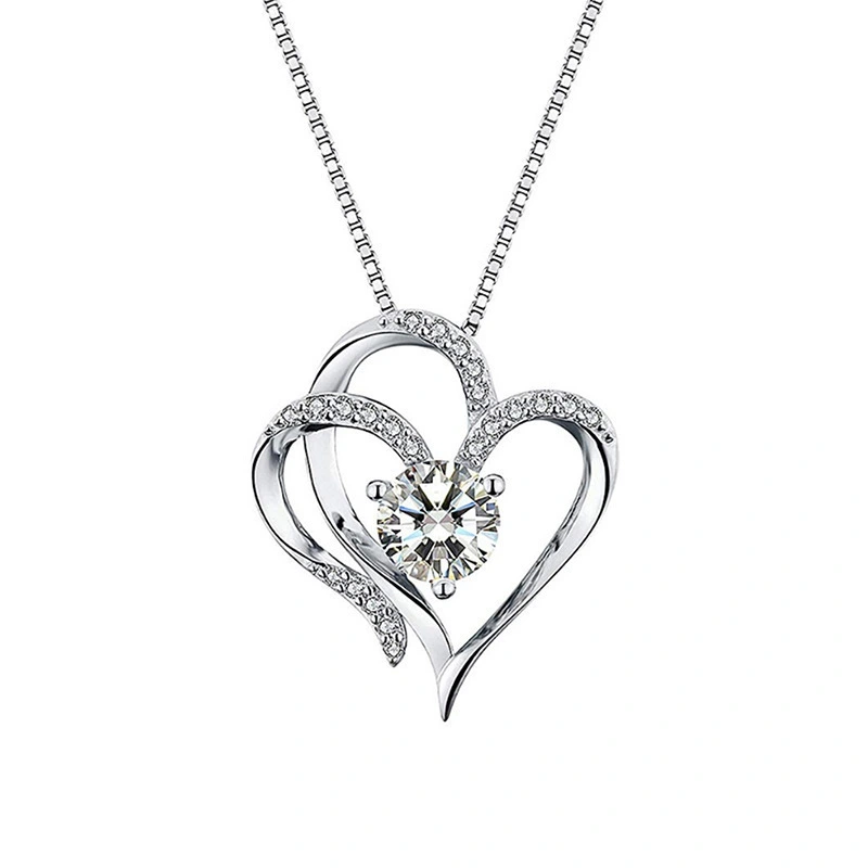 White Gold Double Heart Pendant Necklace Clavicle Pendant Diamond Heart Necklace